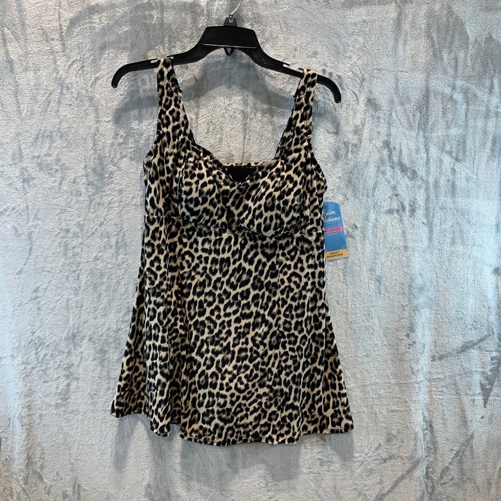 Swim Solutions Women Leopard Print Square Neck Swimdress Black Tan Size 10 16687 - Picture 1 of 9